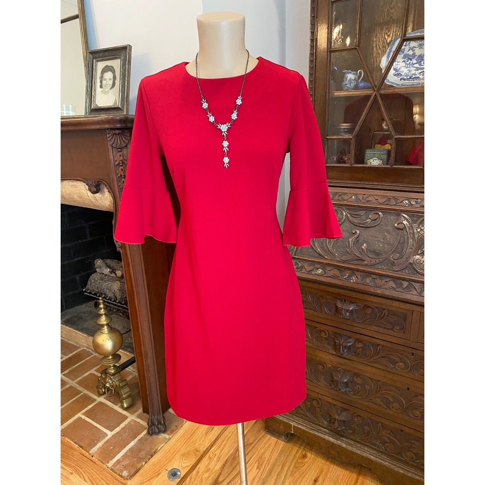 Banana Republic Red Bell Sleeve Sheath Dress 4P Petite Stretch Crepe Career Red